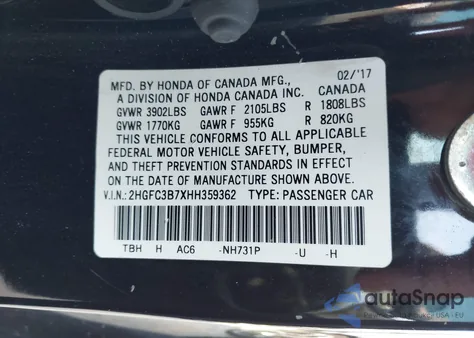 2017 Honda Civic Ex-L from USA, damaged, VIN 2HGFC3B7XHH359362